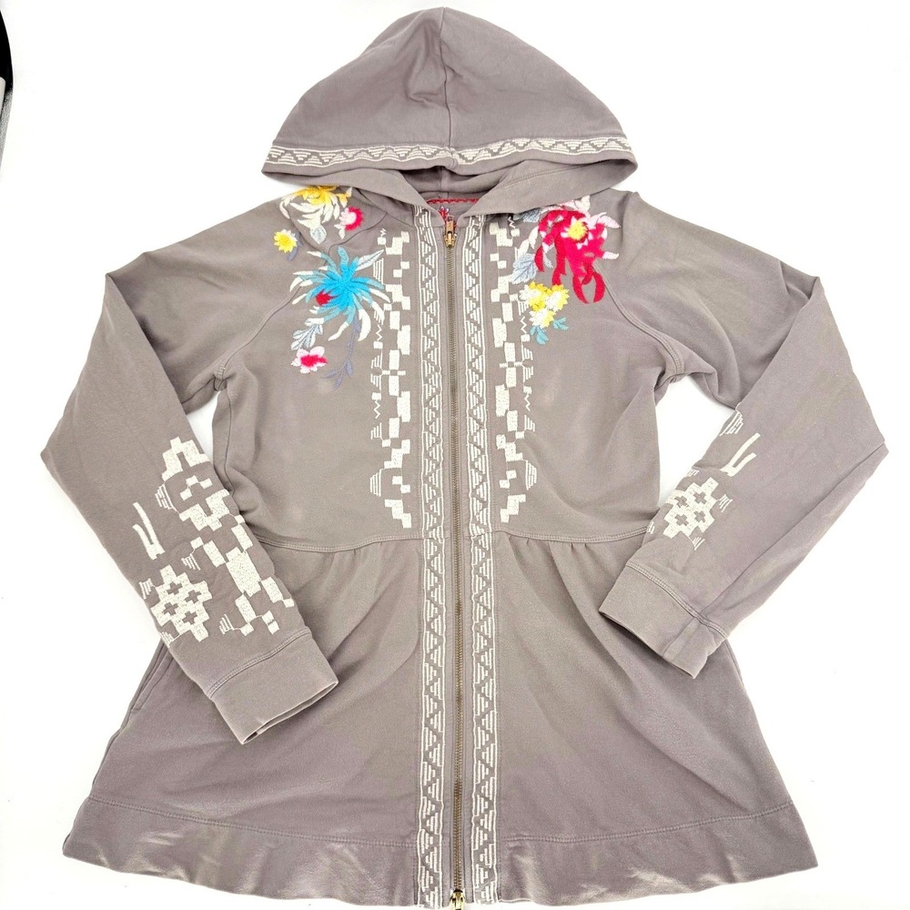 Johnny Was Rare Grey Embroidered Floral Geometric Zip Up Hoodie Boho Babydoll XS